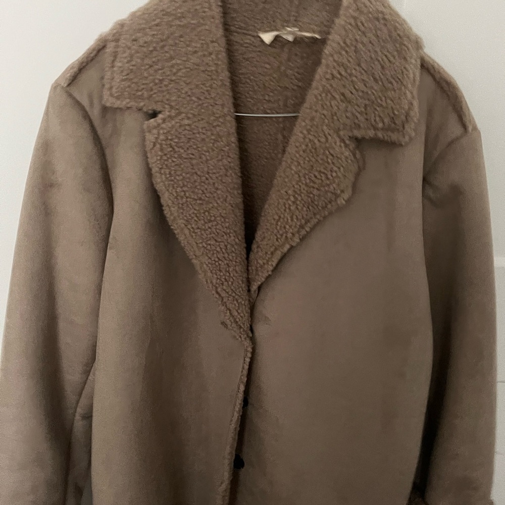 Faux suede light brown jacket. Knee length